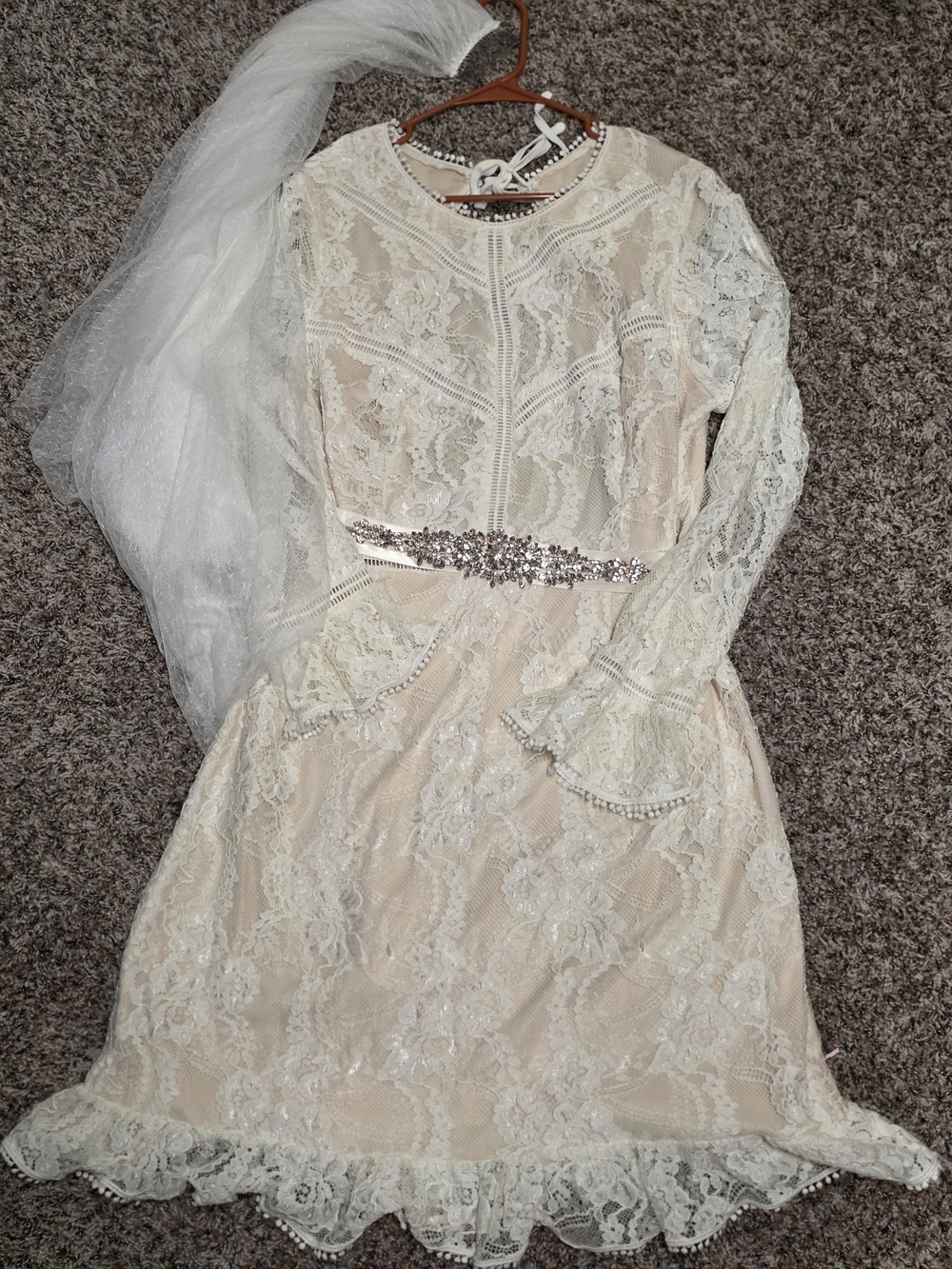 David's Bridal Ivory Lace Long Sleeve Dress with Rhinestone Belt And Veil